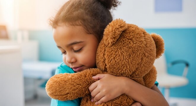 Child hugging teddy bear in medical setting for comfort during treatment. Young girl finds solace in favorite stuffed toy while at clinic. Concept child in medical cast for pediatric care.