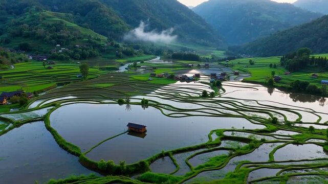 Aerial view of lush green terraced rice fields with reflective water pools and scattered houses in a mountain valley