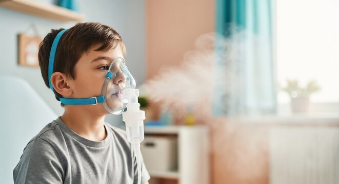Child using nebulizer mask for respiratory treatment at home, providing relief from asthma symptoms. Nebulizer mask delivers medication effectively during breathing therapy sessions.
