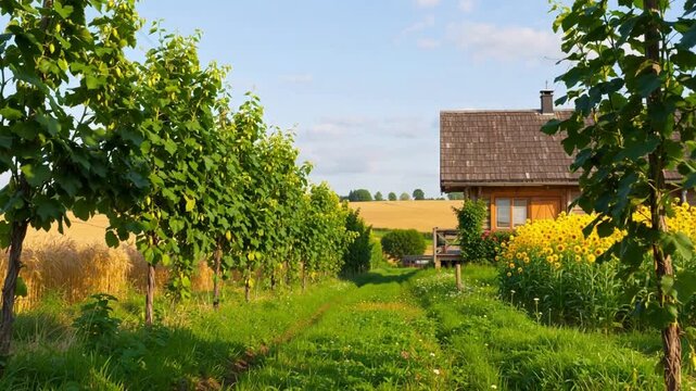 Rural wooden house with sloped shingle roof surrounded by green trees, yellow sunflowers, and golden wheat field under blue sky