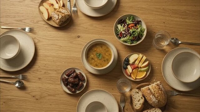 Ramadan iftar food arrangement with traditional dishes and dates