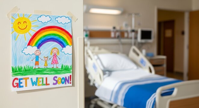 Get well soon drawing in hospital room with colorful artwork of sun and rainbow. Hospital setting includes cheerful children holding hands under vibrant rainbow.