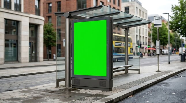 Blank green screen billboard at a city bus stop on a street with urban buildings and a bus