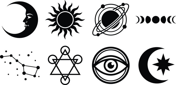 Set of celestial and mystical vector icons featuring sun, moon phases, planets, and sacred geometry
