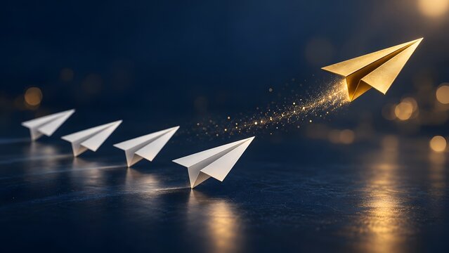 Golden paper airplane taking off with sparkling trails leading a group of white airplanes symbolizing leadership and business innovation
