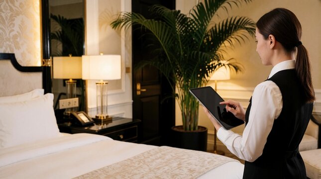 Hotel employee uses tablet in luxury room. Staff checks guest details or room status using digital device. Offers modern hospitality service. Efficiently manages operations.