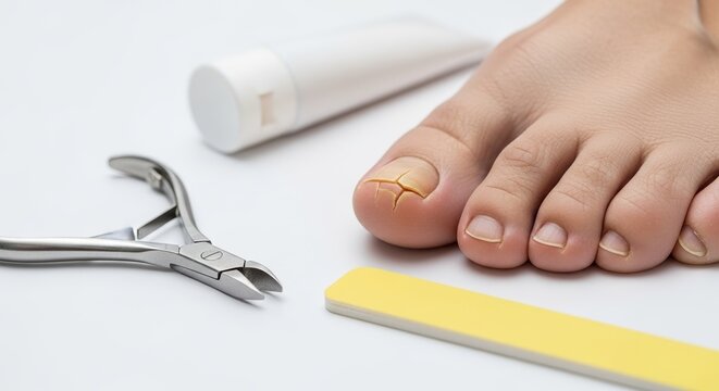 Cracked toenail care with foot model, grooming tools including clippers and nail file, cream tube for treatment. Effective cracked toenail care emphasizes personal grooming and health maintenance.