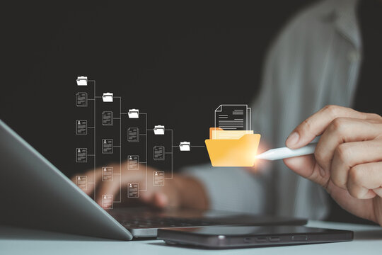 Digital document management system with file organization workflow, business data structure, cloud storage integration and information technology concept, modern enterprise efficiency, ai automation.