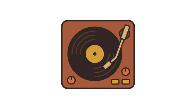 Illustration of a vintage brown record player with a black vinyl record and yellow label.