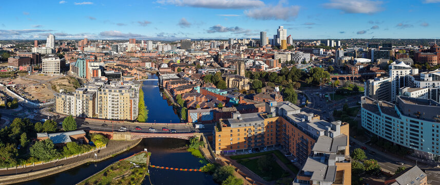 Aerial Panorama Over Crown Point Bridge, River Aire, and Leeds Skyline at Sunrise