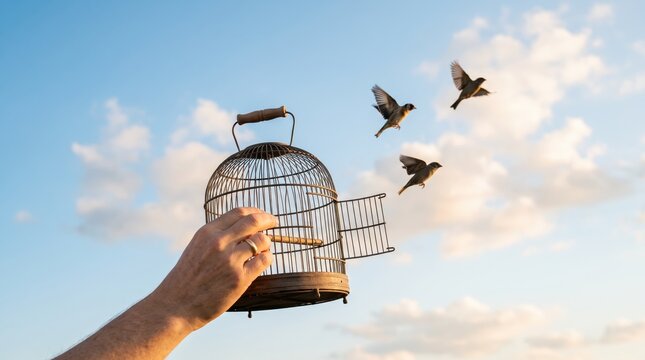 Hand holding open birdcage with small birds flying free into blue sky, concept of freedom, liberation, and release from confinement in nature during sunset time