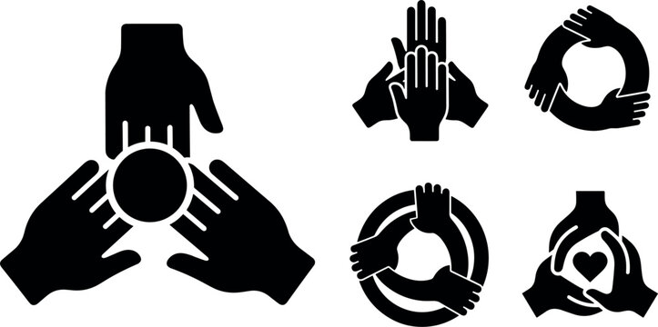 Set of teamwork and unity icons with hands joined together in a circle or stack, representing cooperation, community, and partnership
