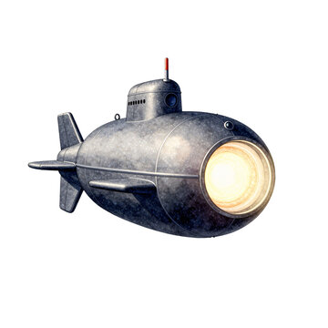 Vintage submarine with a powerful illuminated headlight piercing the darkness underwater