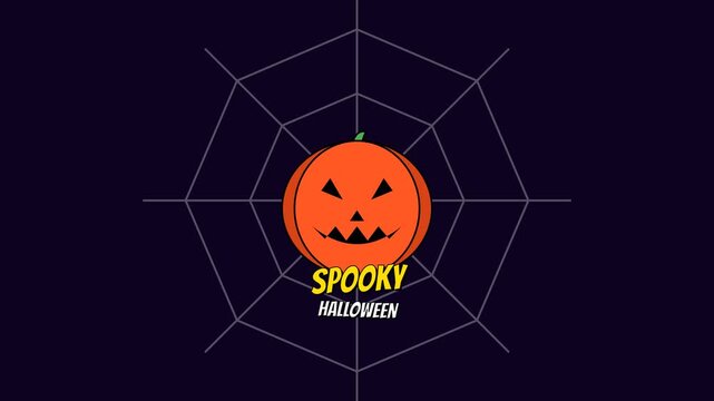 Spooky halloween pumpkin graphic centered on a detailed spider web.