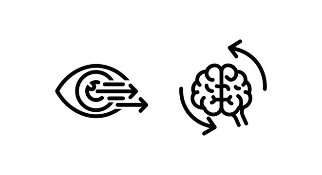 Minimalist graphic icons depicting an eye with directional arrows and a rotating human brain rotation perception attention thinking minimalist monochrome pictogram interface