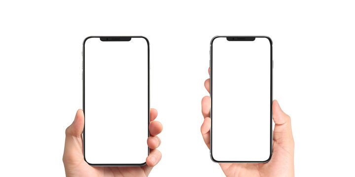 Two smartphones held in hands on transparent background