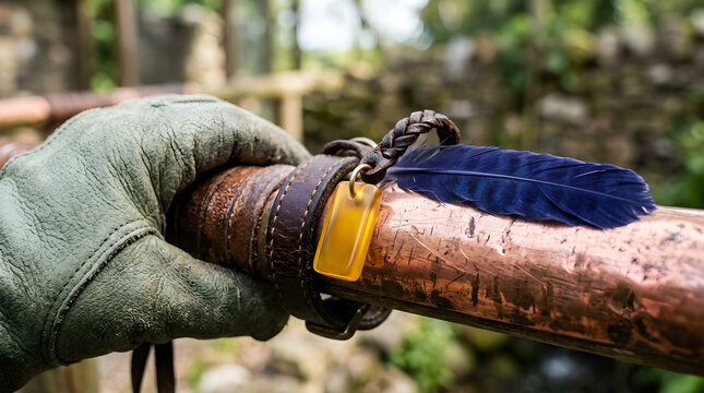 Macro Blank Amber Falconry Jess Strap Tag on Copper Perch Rail with Sage Gauntlet and Indigo Feather
