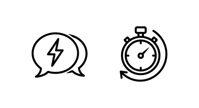 Minimalist icon set representing prompt reply and fast response concepts with response lightning stopwatch communication efficiency isolated business notification technology