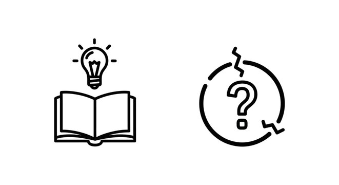 Conceptual icons representing understanding through a lightbulb over a book and interpretation void marked by a cracked question mark with understanding interpretation knowledge lightbulb