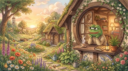 Fototapeta premium Sad frog character relaxing in a cozy cottage at sunset