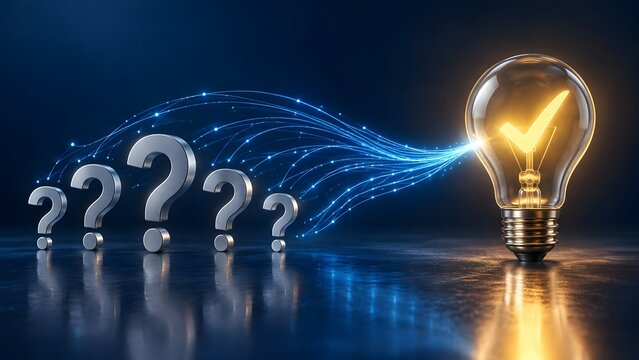 Innovative technological solution converting complex questions into clear answers via a glowing lightbulb connected to fiber optics