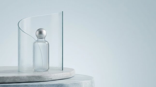 Minimalist skincare bottle on marble pedestal with curved glass accent against a pale blue background. High-quality 3D render for luxury beauty and cosmetic product branding.