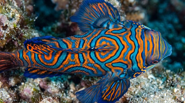 Vibrant mandarin dragonet fish with psychedelic orange and blue patterns, exotic mandarin fish swimming over coral reef, colorful tropical saltwater dragonet