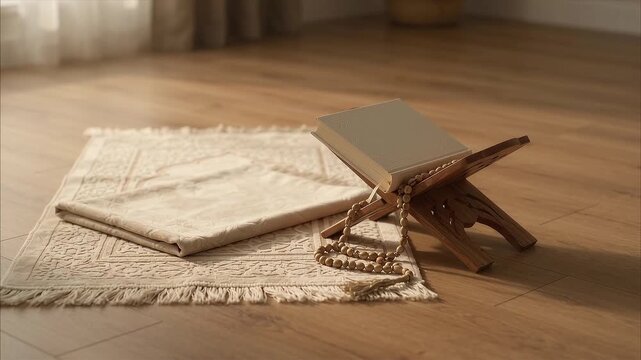 Prayer mat and Quran arranged in a peaceful Islamic still life