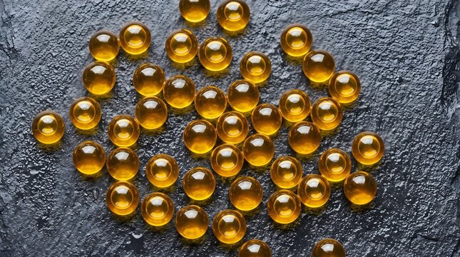 Golden fish oil capsules on dark stone background, translucent omega-3 gel pills, nutritional supplement softgels for healthcare and wellness