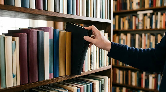 Man's hand picking a black book from a crowded wooden bookshelf in a library