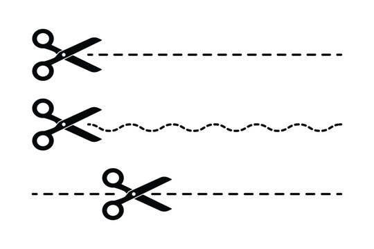 Scissors Cutting Along Dashed and Wavy Lines Set: Cut Here Dotted Border, Coupon Divider, Paper Craft, and Tailor Sewing Guide Outline Vector Illustration