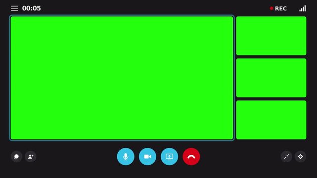 Video Call Interface With Four Green Screen Windows on Dark Background. Online Meeting Screen With Running Call Timer, Blinking REC, Active Speaker Highlight and Mic, Camera, Share and End Call Button