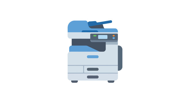 A modern office photocopier is depicted in a flat vector illustration