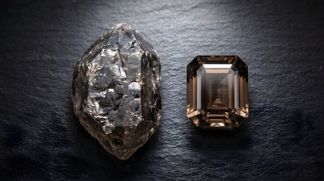 Rough uncut diamond and polished emerald cut gemstone, raw mineral and finished jewel on black stone, luxury jewelry manufacturing concept