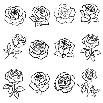 Set of black and white rose icons, elegant floral line art illustrations for graphic design projects, wedding invitations, and romantic decoration elements on isolated white background
