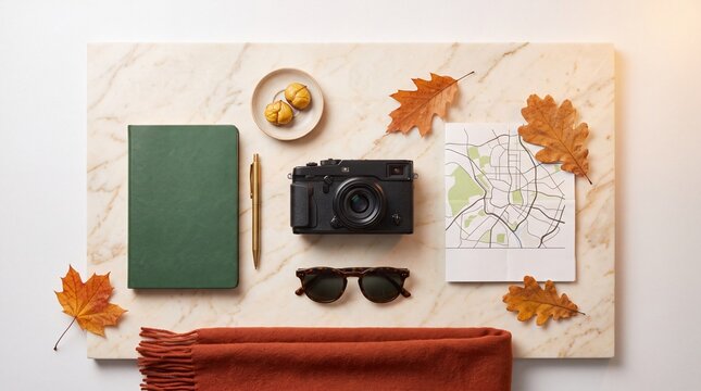Autumn travel essentials flat lay with camera notebook and map for city exploration