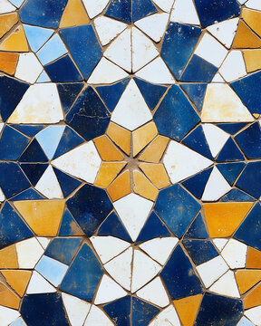 Overhead close-up of hand-cut Moroccan zellige mosaic tiles