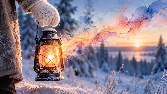 Hand holding glowing lantern in snowy landscape during winter solstice  