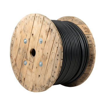 Isolated spool of black cable on wooden reel performing industrial storage in studio with transparent background