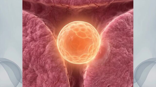 Extreme macro 3D animation of a glowing human egg cell ovum inside the female reproductive tract, highlighting fertility and biological reproduction.