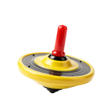 Brightly colored spinning top toy with red handle on white background