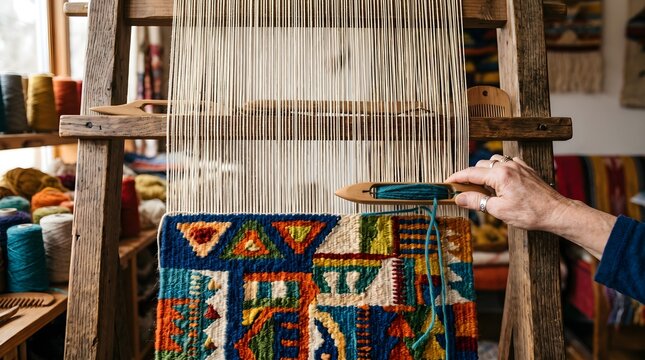 Traditional wooden loom weaving colorful tapestry, artisan hand using shuttle on textile loom, rustic workshop with wool yarn spools