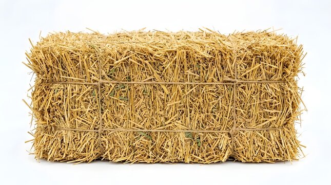 Large rectangular bale of golden hay sitting on a white background isolated