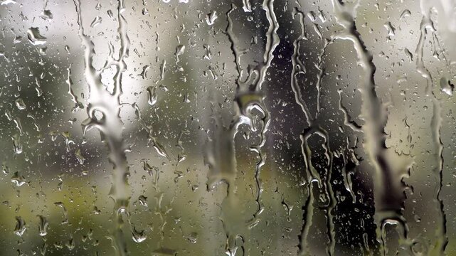 Autumn rain video with natural ambience. Raindrops flow down window glass, blurred outdoor view, wet texture, relaxing seasonal background for meditation and cinematic use.