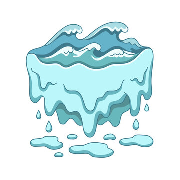 Artistic vector illustration of a melting iceberg or glacier, sculpted in the shape of a moon, with sea waves on top and water dripping below.