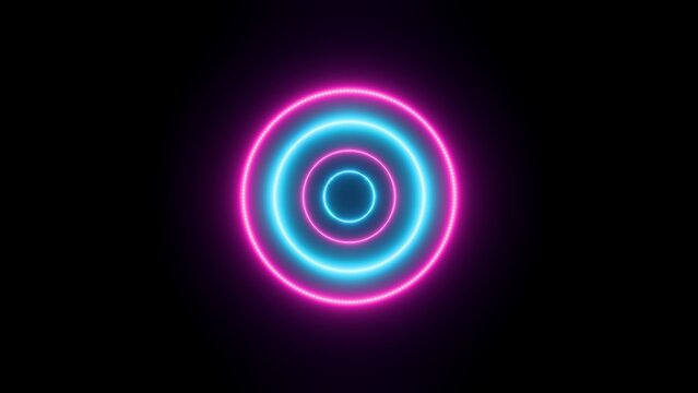 3D render of pink and blue dashed circles on dark black background