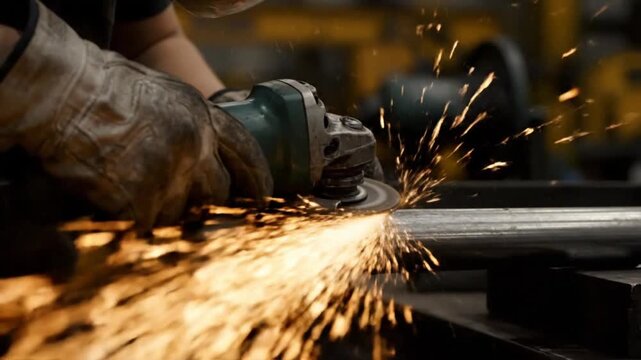 Close Up of Metal Worker Using Angle Grinder on Steel Pipe with Bright Sparks Flying in Workshop