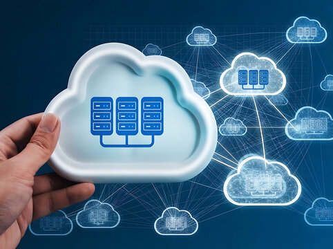 Hand holding a physical cloud computing model with server icons against a digital network background