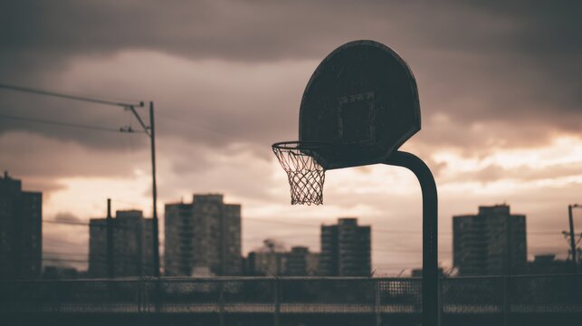 Silhouette basketball hoop over city skyline, empty rooftop court under moody clouds, warm glow on metal backboard, gritty texture of pavement, atmospheric contrast and copy space for editorial