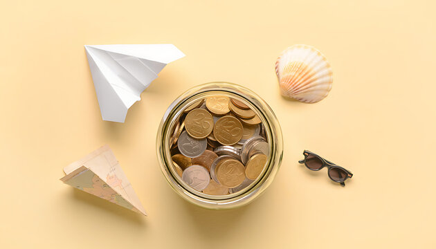 Overhead View of Savings Jar with Vacation Symbol Items